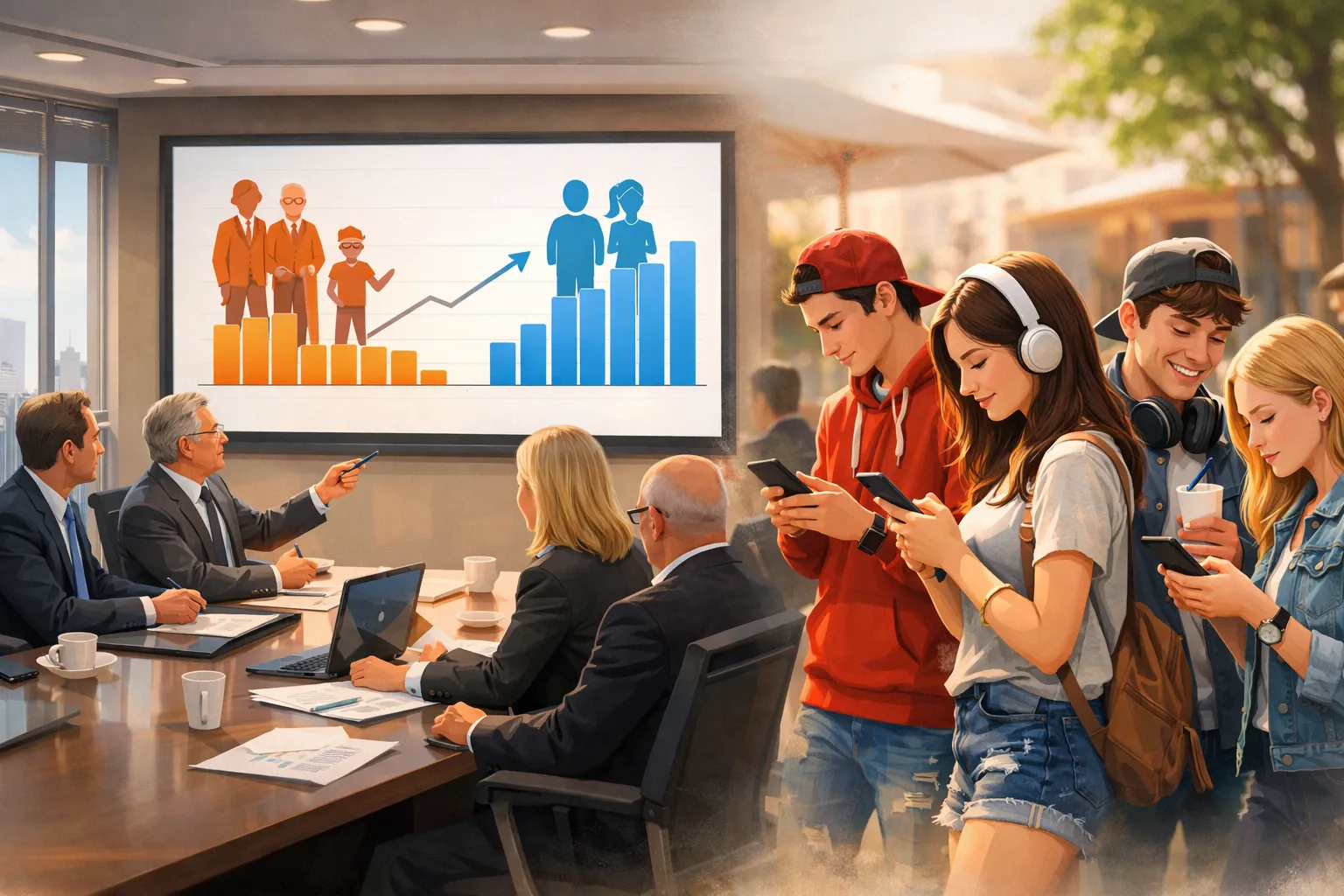 플랫폼 기업 경영진이 사용자 연령 그래프를 검토하며 젊은 이용자 확보 전략을 논의하는 회의 장면을 표현한 AI 일러스트