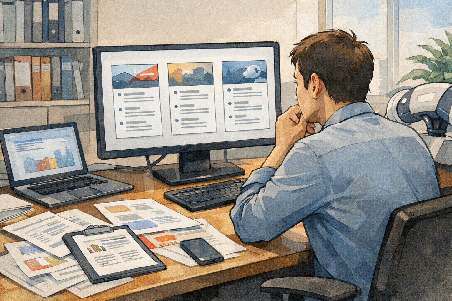 AI 추천 결과를 검토하며 여러 선택지를 비교하는 사람의 모습, AI 생성 이미지