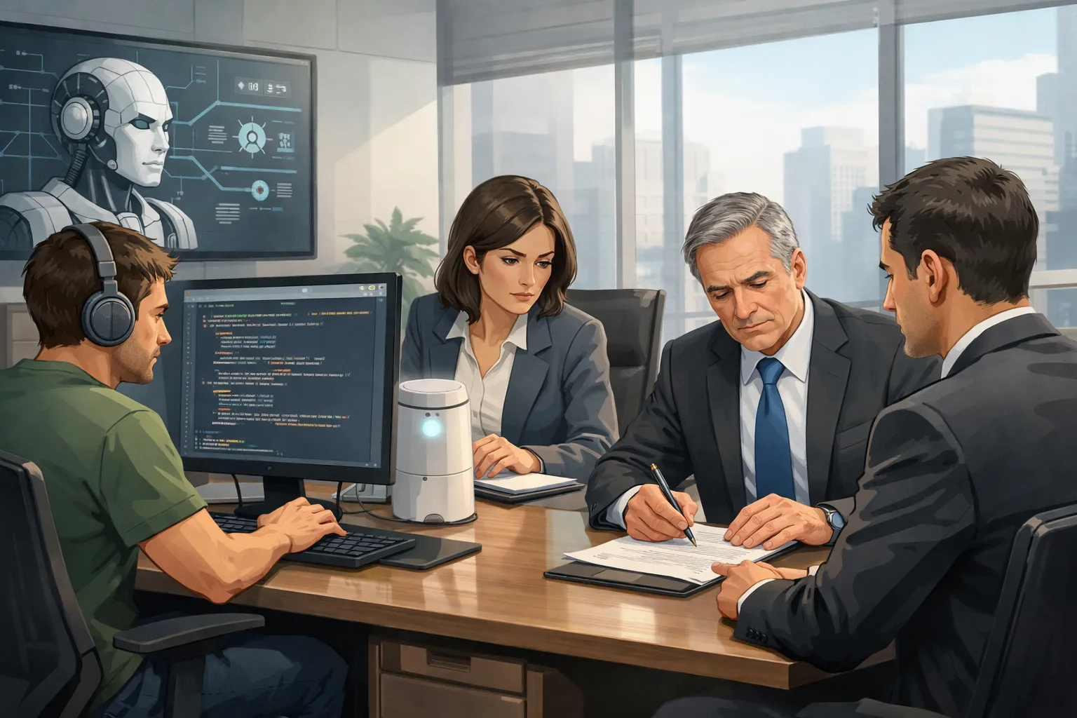 AI 시스템을 둘러싸고 개발자 관리자 승인자가 함께 업무를 수행하는 사무실 장면을 표현한 AI 일러스트.