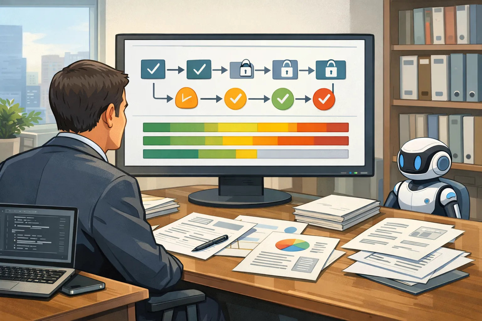 AI 에이전트 권한 승인 과정을 검토하는 사무실 장면, AI 생성 이미지