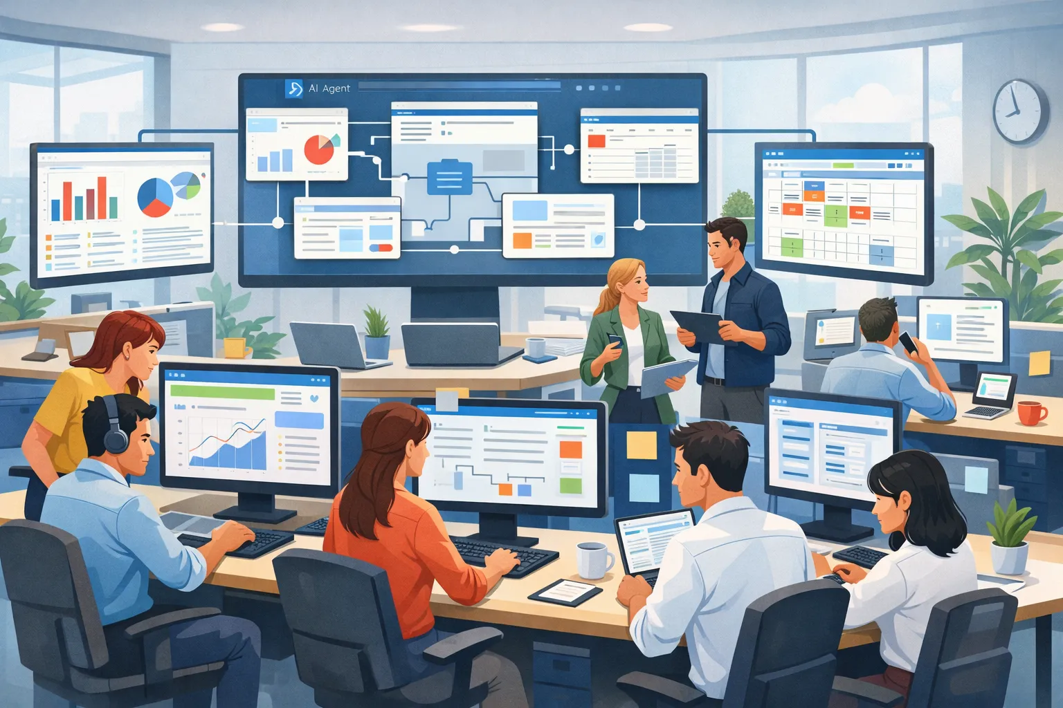 AI 에이전트 소프트웨어를 활용해 여러 업무 시스템을 연결해 사용하는 사무실 장면을 표현한 AI 일러스트