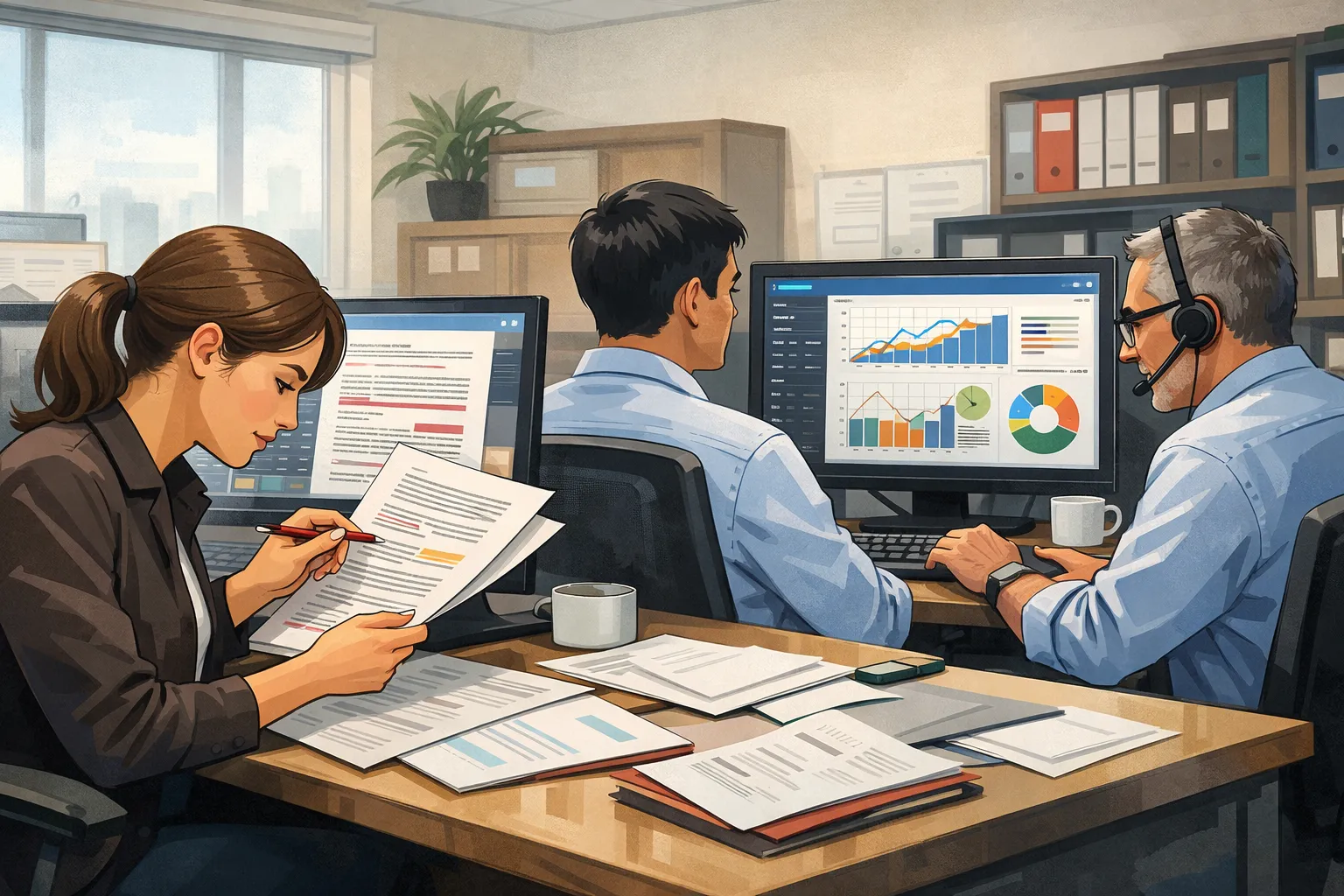 사무실에서 직원들이 AI가 만든 문서를 검토하고 화면을 확인하는 장면, AI 생성 이미지