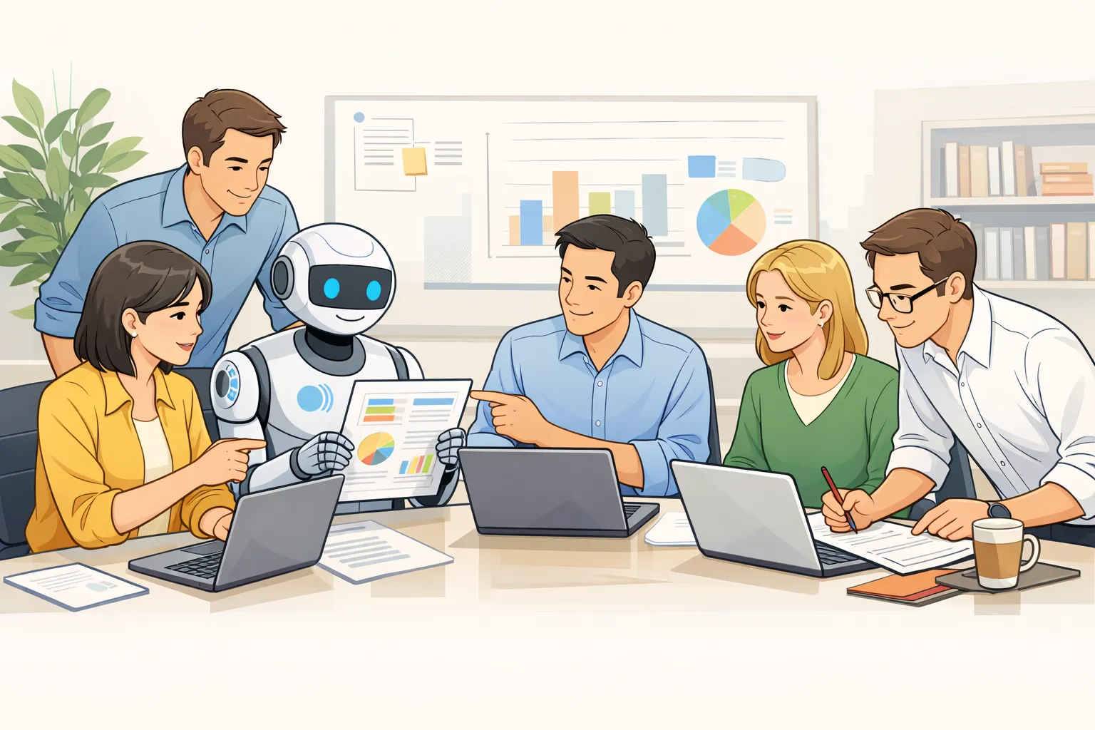 사무실에서 직원들이 노트북으로 AI가 만든 보고서를 검토하고 토론하는 장면을 표현한 AI 일러스트.