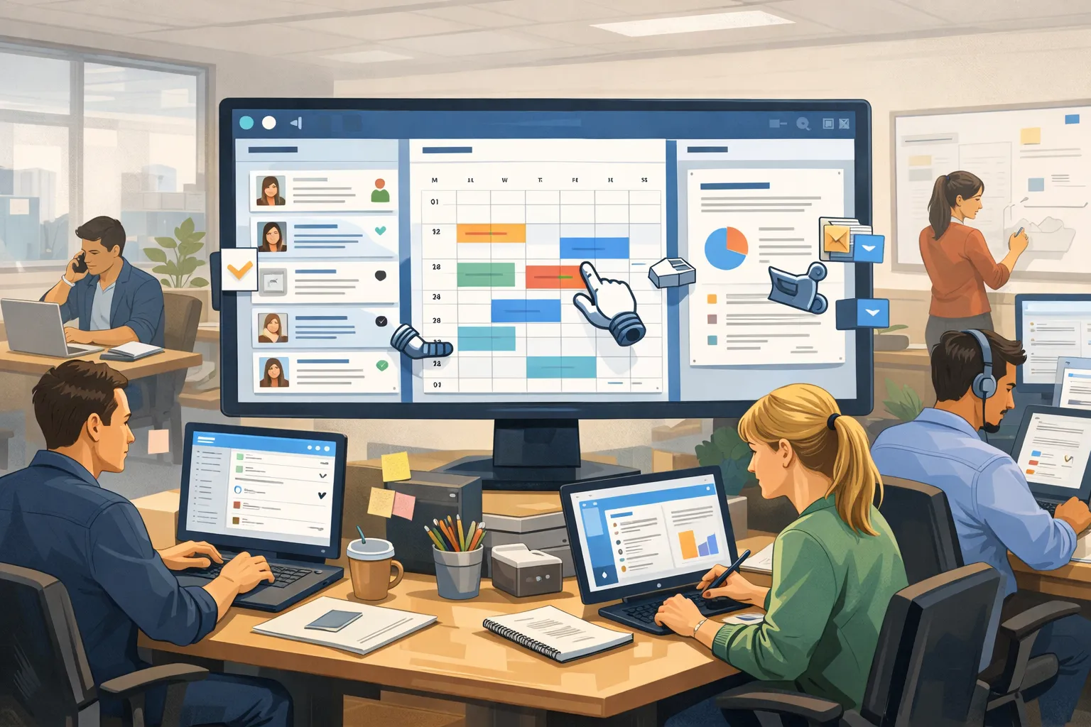 사무실에서 직원들이 일하는 가운데 화면 속 AI가 이메일과 일정, 문서를 정리해 업무 흐름이 개선되는 모습을 그린 AI 일러스트