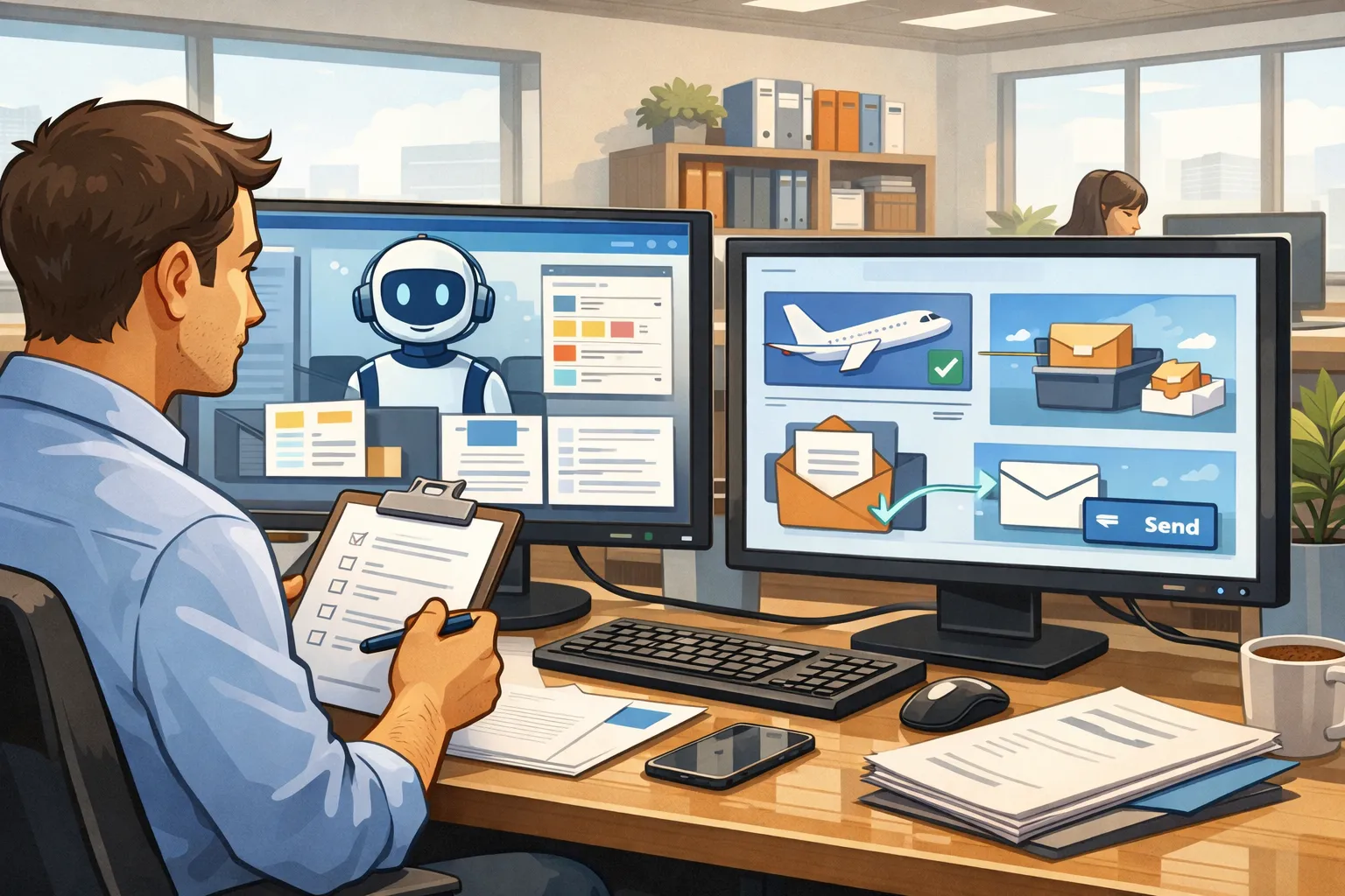 사무실에서 사람이 AI 화면을 보며 업무를 확인하고 일부 작업이 자동으로 실행되는 장면을 표현한 AI 일러스트 이미지.