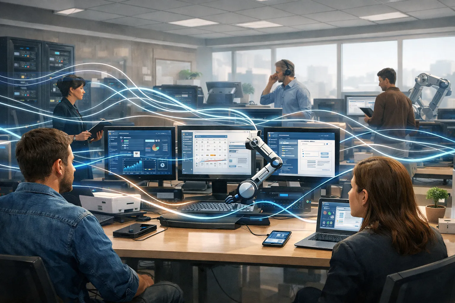 여러 시스템을 연결해 업무를 처리하는 AI 에이전트 개념을 표현한 사무실 일러스트, AI 생성 이미지