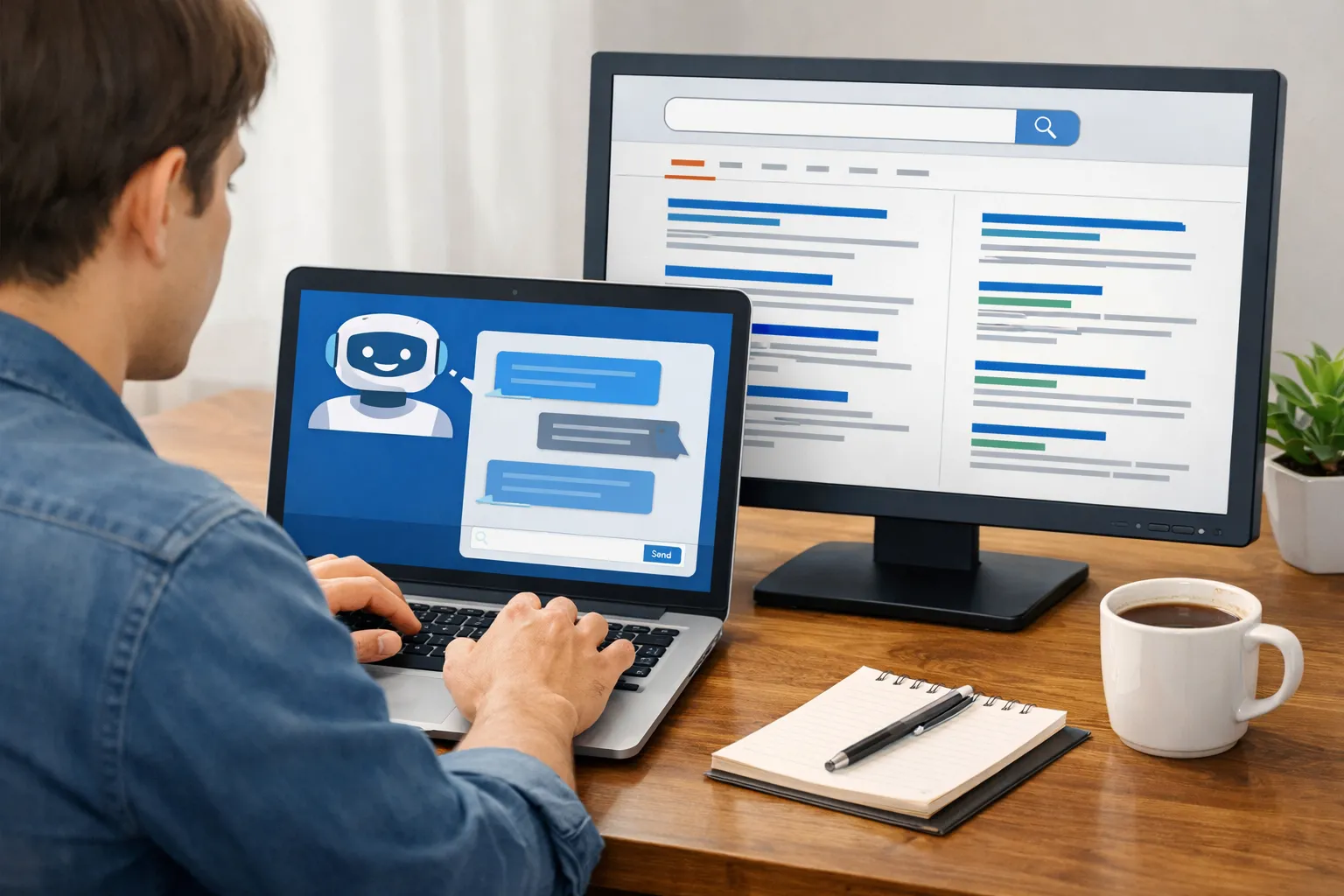 AI 챗봇과 검색 결과 화면을 동시에 사용하는 이용자의 모습을 표현한 이미지. AI 생성 이미지.