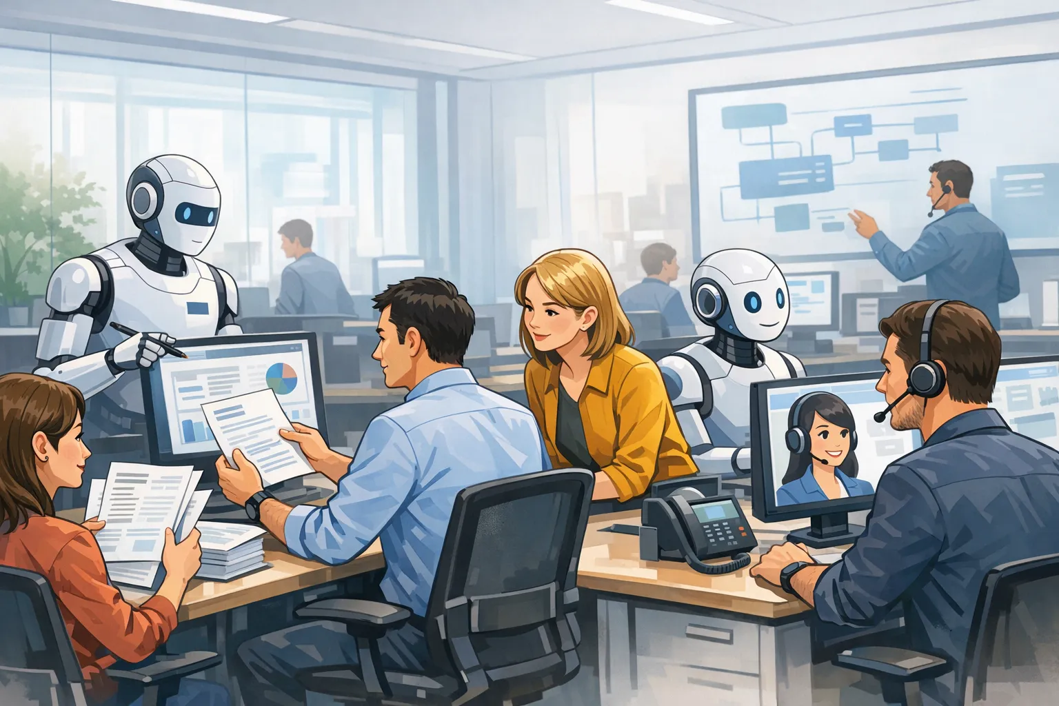 AI가 문서 작업과 고객 응대를 지원하는 사무실에서 사람이 결과를 검토하는 장면을 표현한 AI 일러스트.