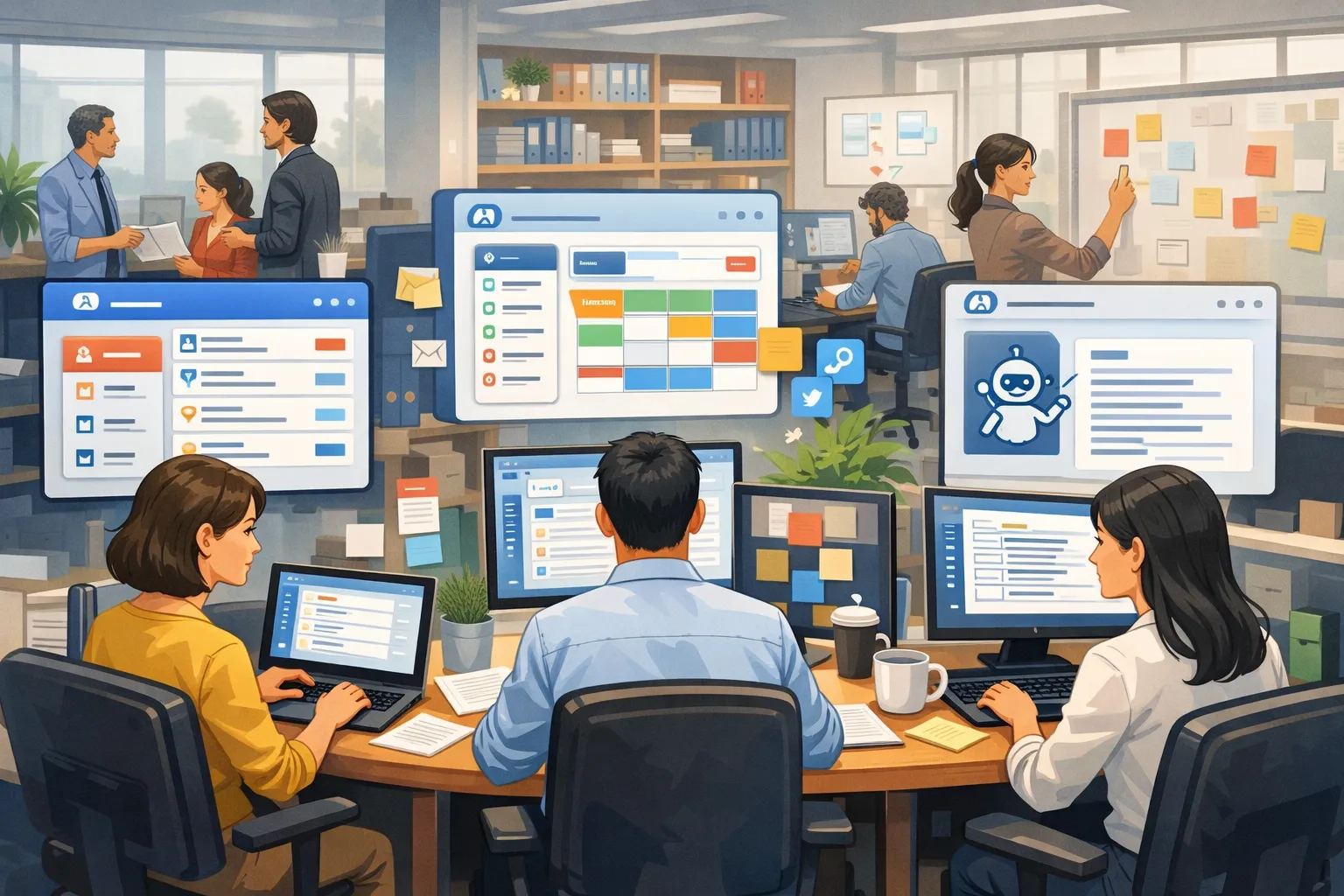 사무실에서 직원들이 컴퓨터를 사용하며 AI 도구로 업무를 정리하는 장면을 표현한 AI 일러스트 이미지.