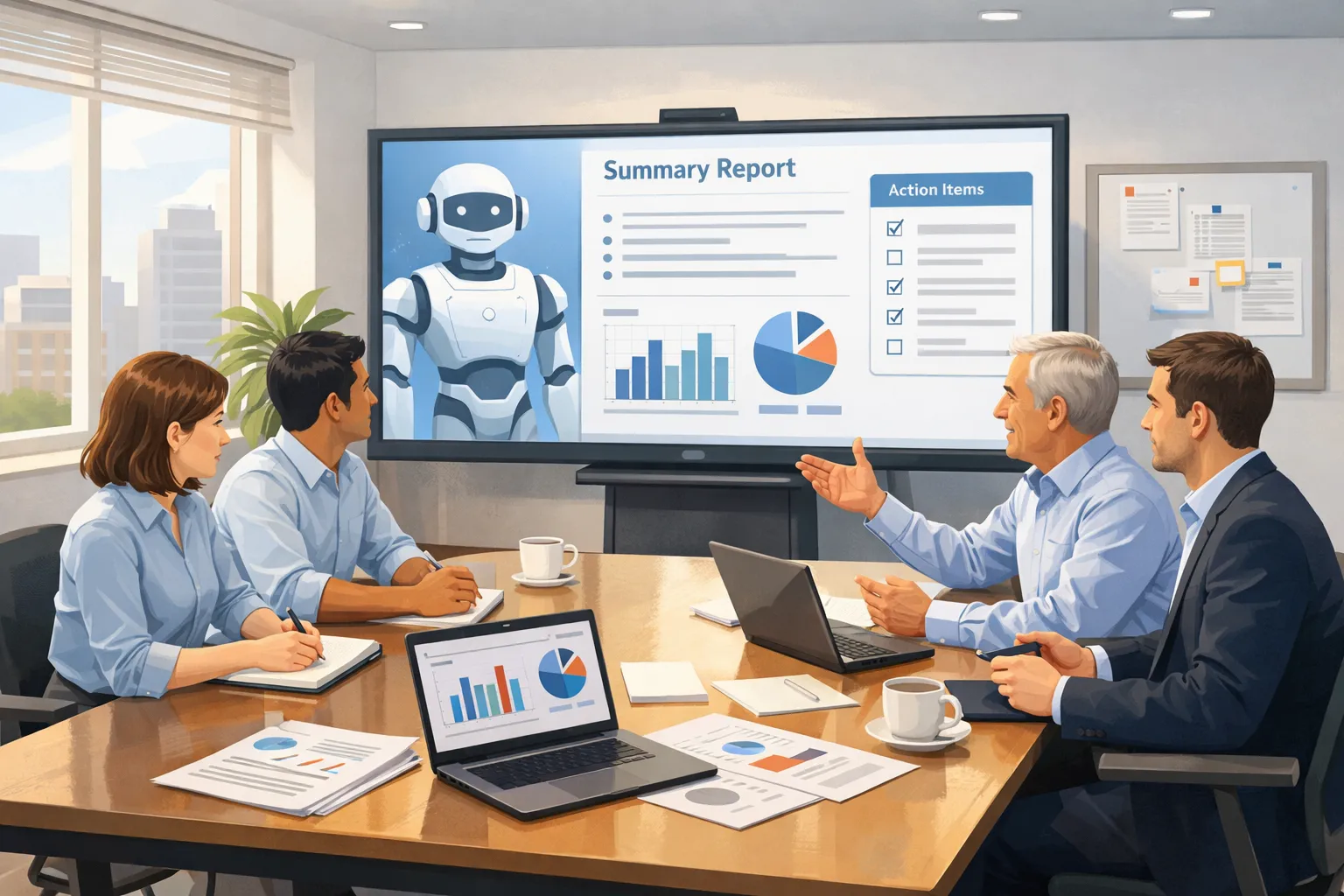 AI 에이전트가 회의 자료를 정리해 소수 인원이 빠르게 의사결정을 내리는 사무실 장면을 표현한 AI 일러스트 이미지