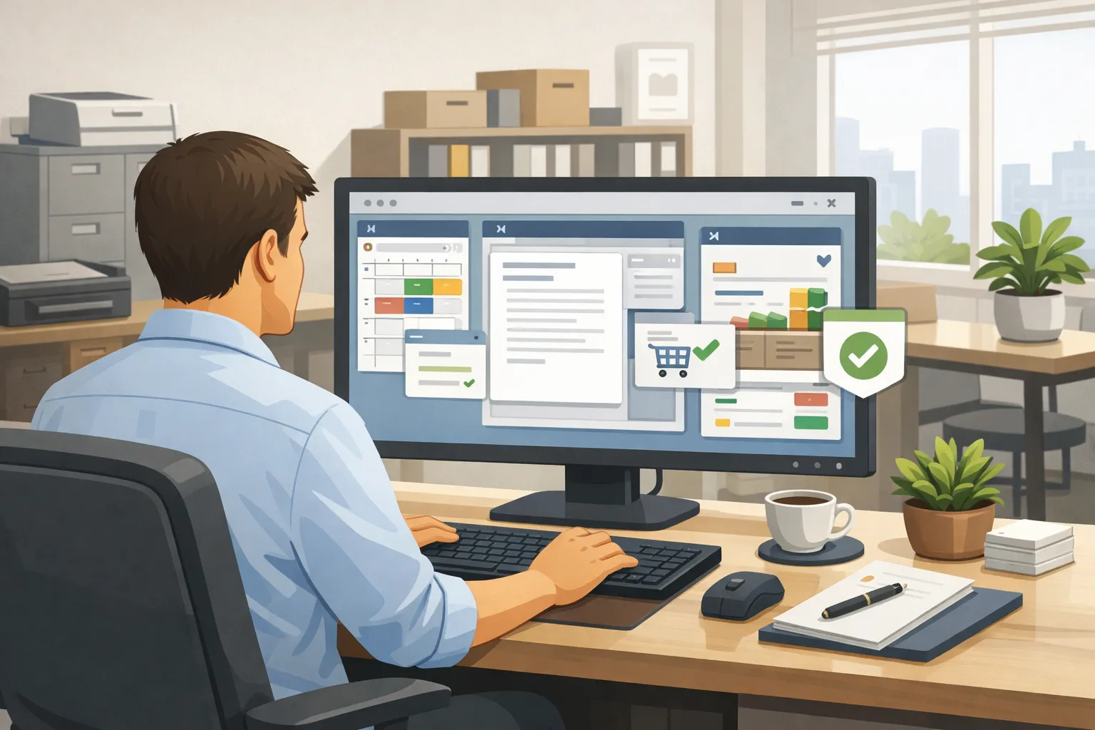 사무실에서 AI 에이전트를 활용해 일정 관리와 문서 작업을 처리하는 장면을 표현한 AI 일러스트