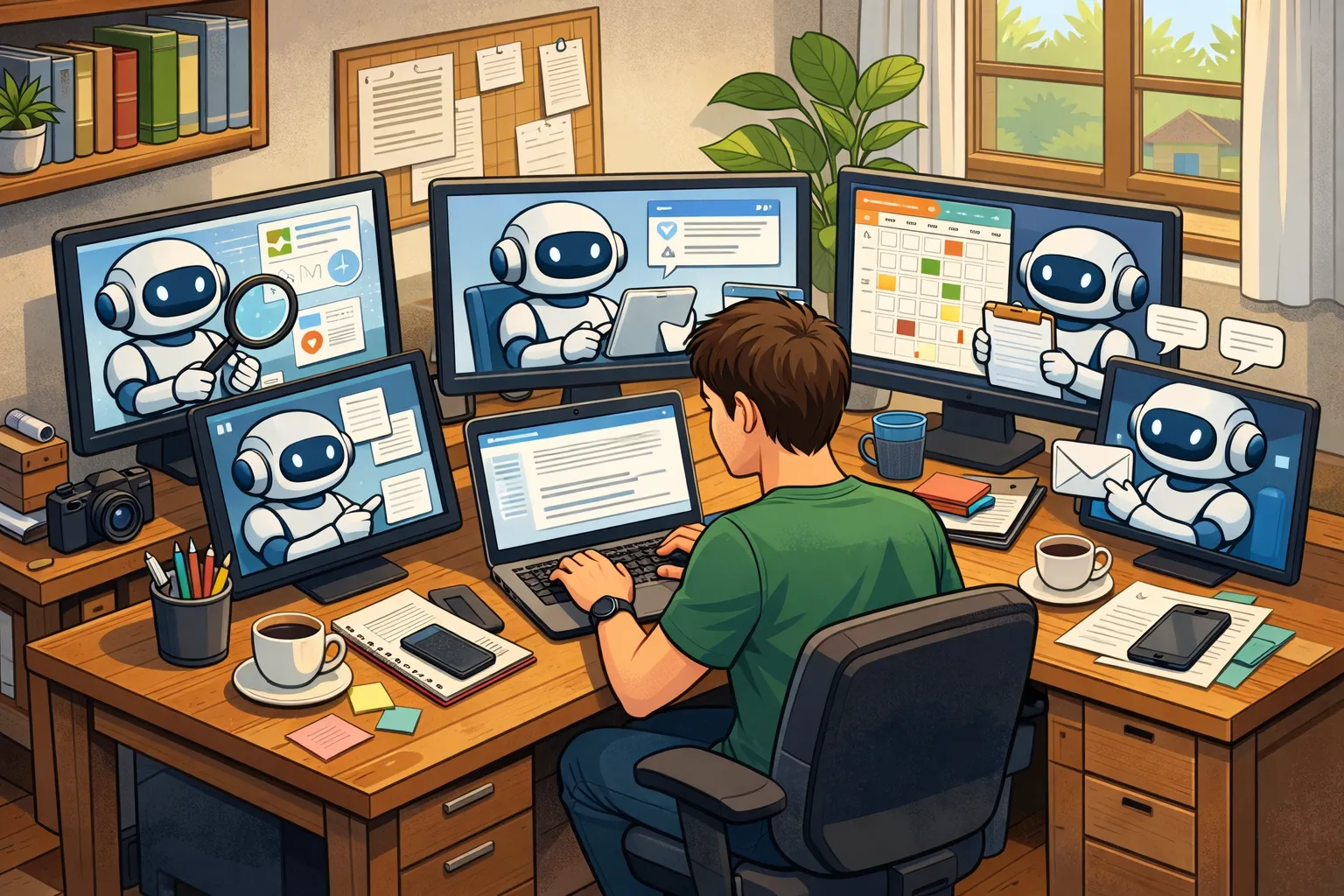 AI 도구를 활용해 업무를 처리하는 프리랜서 작업 환경을 표현한 AI 일러스트