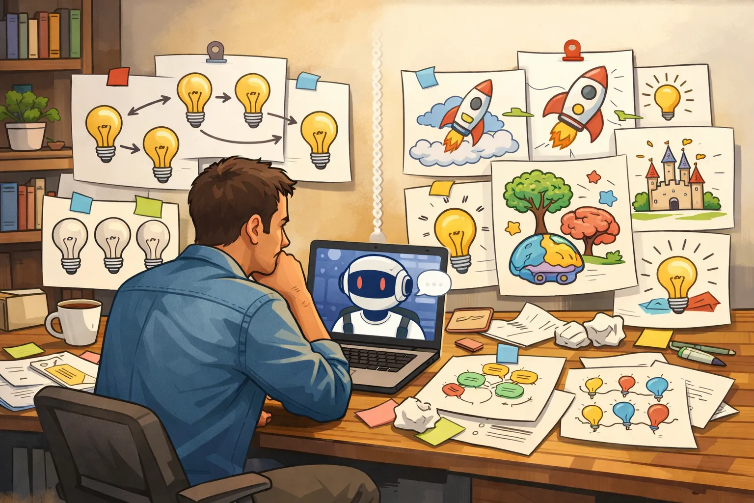 AI와 함께 아이디어를 구상하는 작업 공간에서 다양한 생각이 펼쳐진 모습을 표현한 AI 일러스트