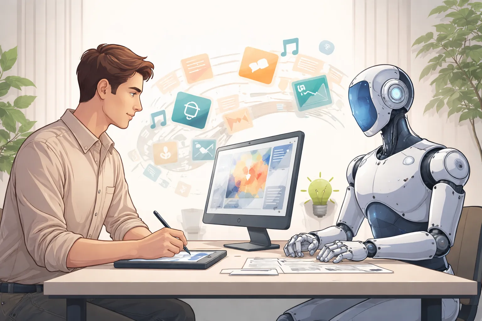인간과 인공지능이 함께 창작 작업을 하는 모습을 표현한 AI 일러스트
