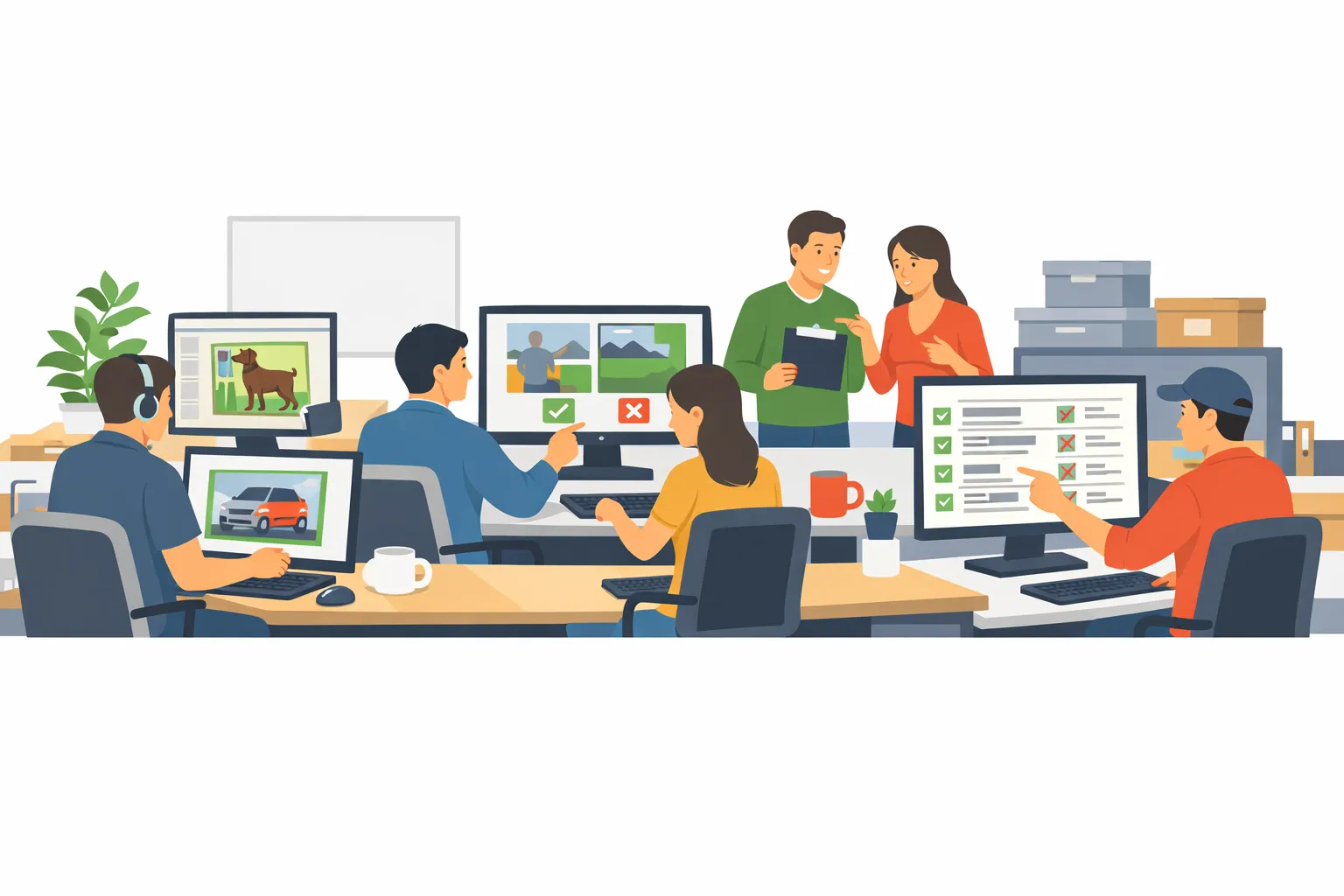 데이터 라벨링 작업자가 컴퓨터 화면에서 이미지에 바운딩 박스를 표시하며 데이터 검토를 진행하는 AI 일러스트