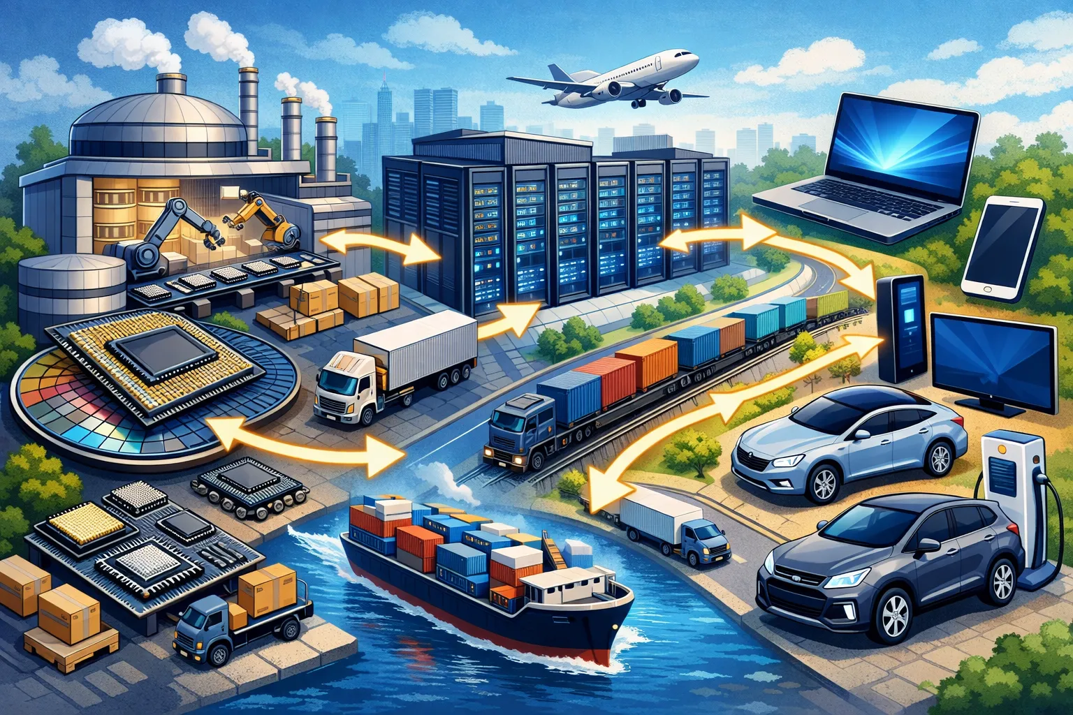 반도체 칩과 데이터센터, 전자제품이 연결된 공급망 구조를 표현한 AI 일러스트