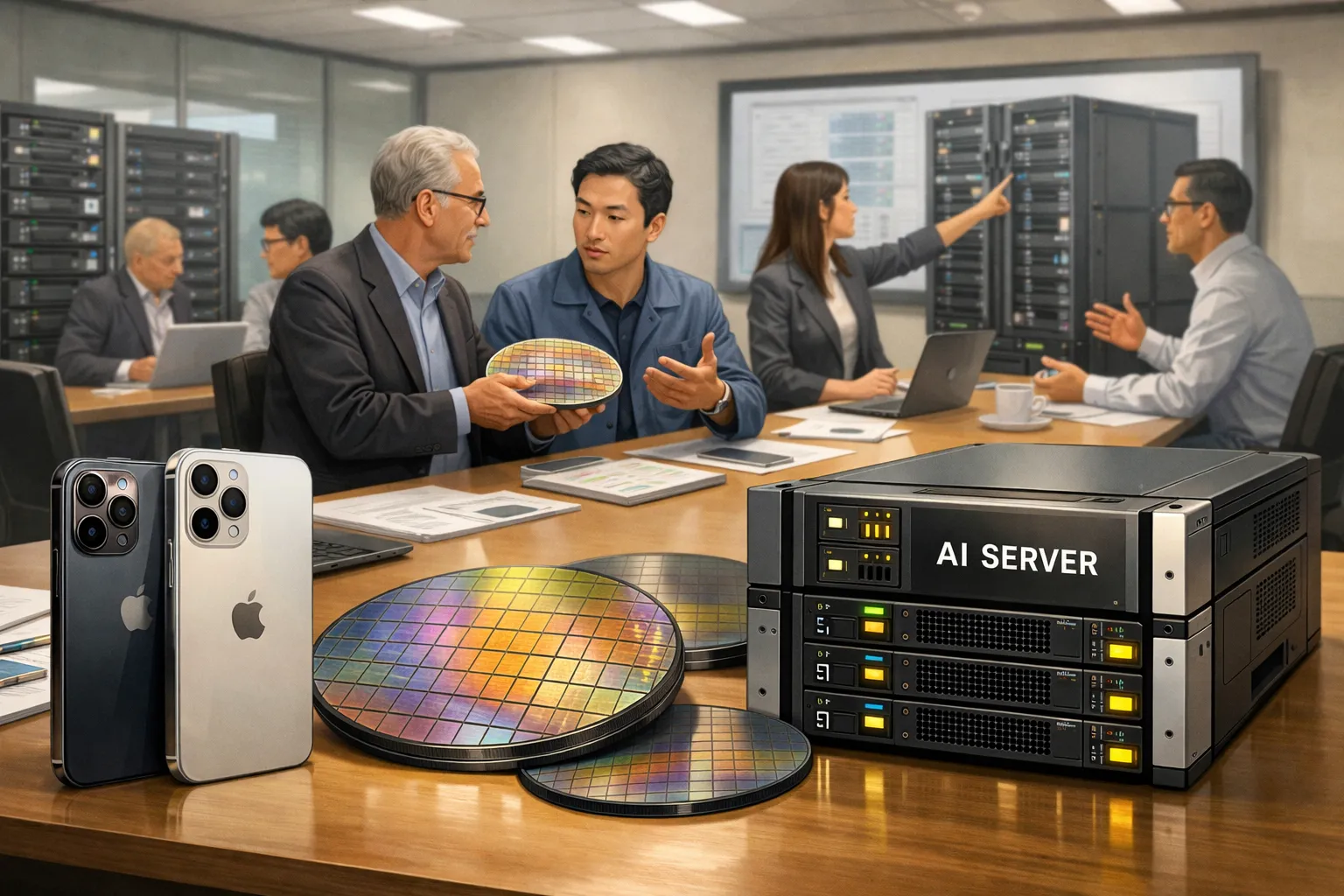 AI 반도체와 스마트폰이 함께 놓인 글로벌 IT 공급망 논의 장면 AI 일러스트