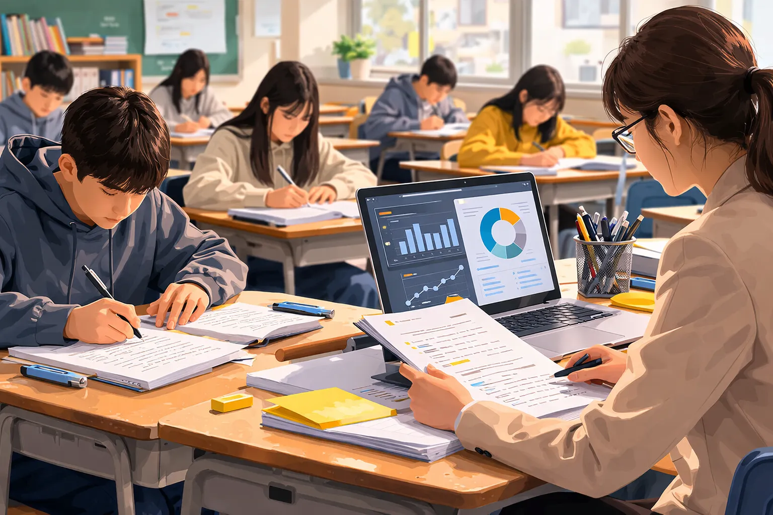 AI 탐지 도구가 사용되는 교실에서 학생들이 글을 수정하는 장면을 그린 AI 일러스트