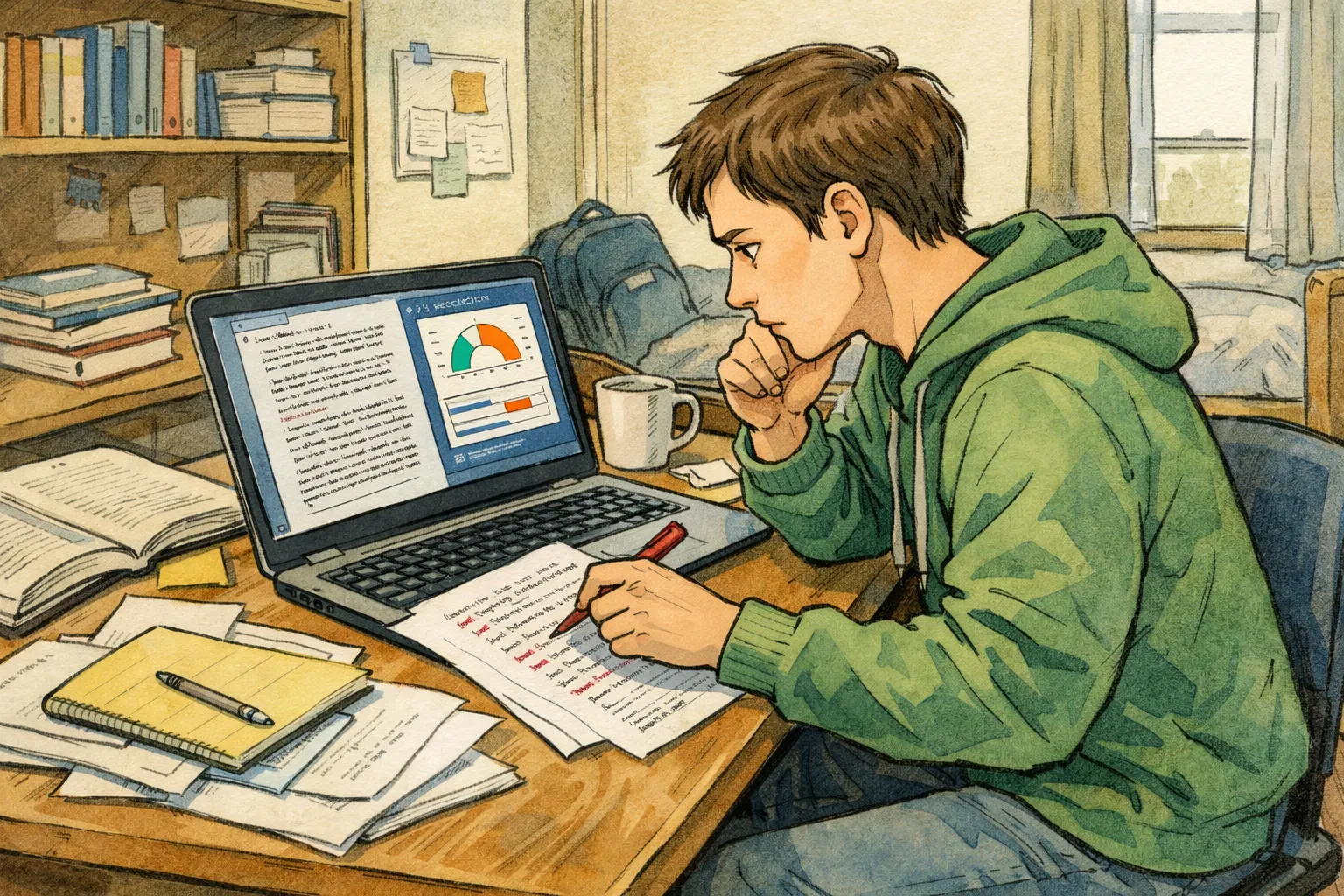 AI 탐지 결과를 확인하며 과제를 수정하는 대학생의 책상 위 공부 장면을 표현한 AI 일러스트