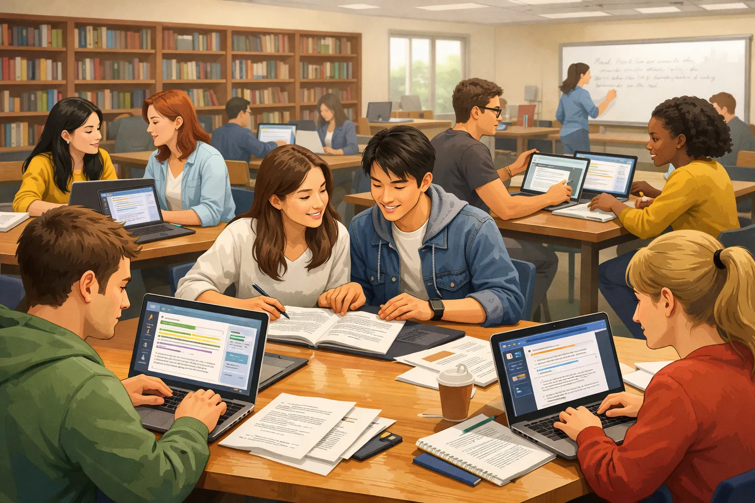 대학 도서관에서 노트북으로 글을 수정하며 토론하는 학생들을 묘사한 AI 일러스트 이미지