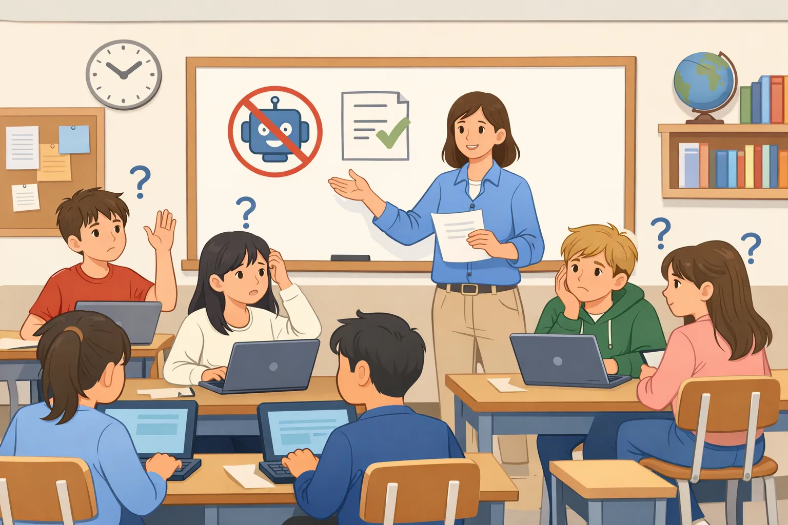 AI 사용 규정을 설명하는 교사와 노트북을 사용하는 학생들이 있는 교실 일러스트