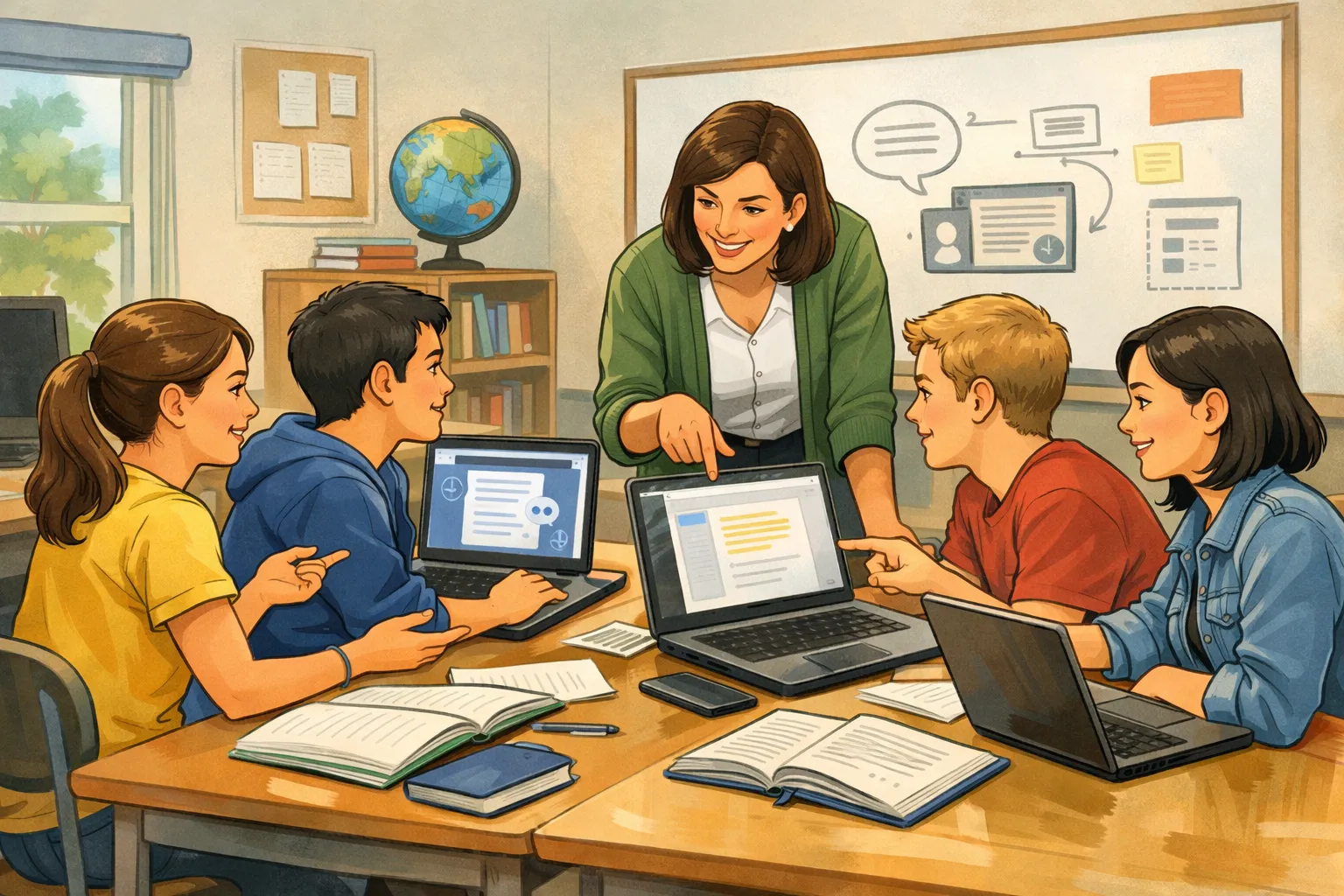 교실에서 학생들이 노트북으로 AI 도구를 활용하며 교사의 지도를 받는 모습을 표현한 AI 일러스트 이미지.