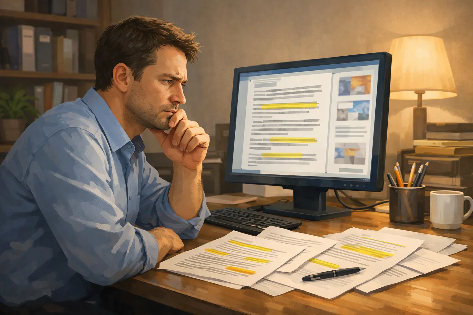 사무실에서 연구자가 컴퓨터 화면의 인공지능 생성 문서를 검토하는 모습을 그린 AI 일러스트