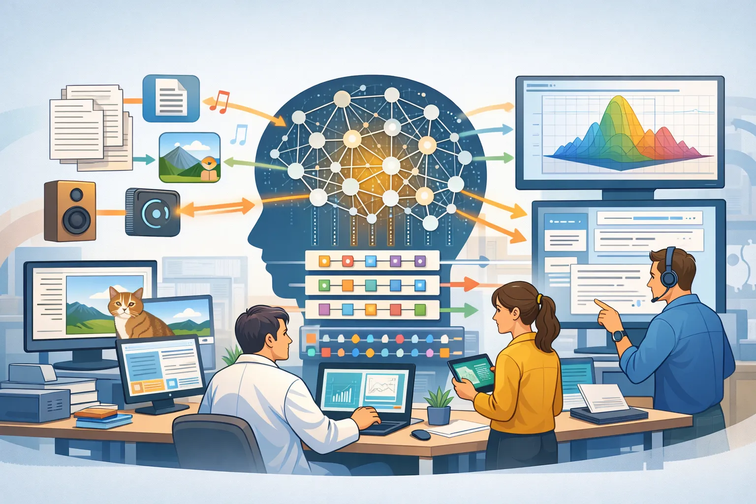 데이터와 신경망 구조를 통해 학습하는 인공지능 시스템을 표현한 AI 일러스트