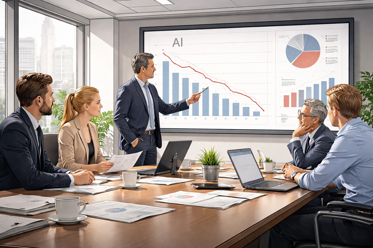 AI 소프트웨어 판매 감소 그래프를 보며 회의하는 기업 임원들의 모습을 표현한 AI 일러스트