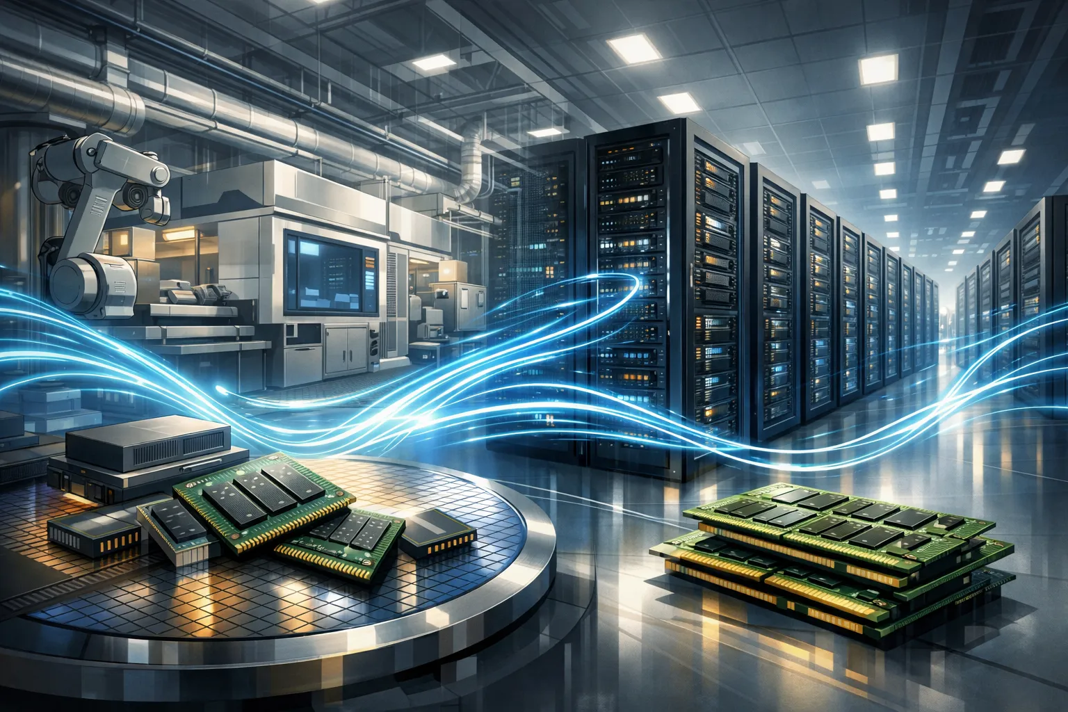 데이터센터 서버와 메모리 반도체 생산 시설을 함께 표현한 AI 일러스트