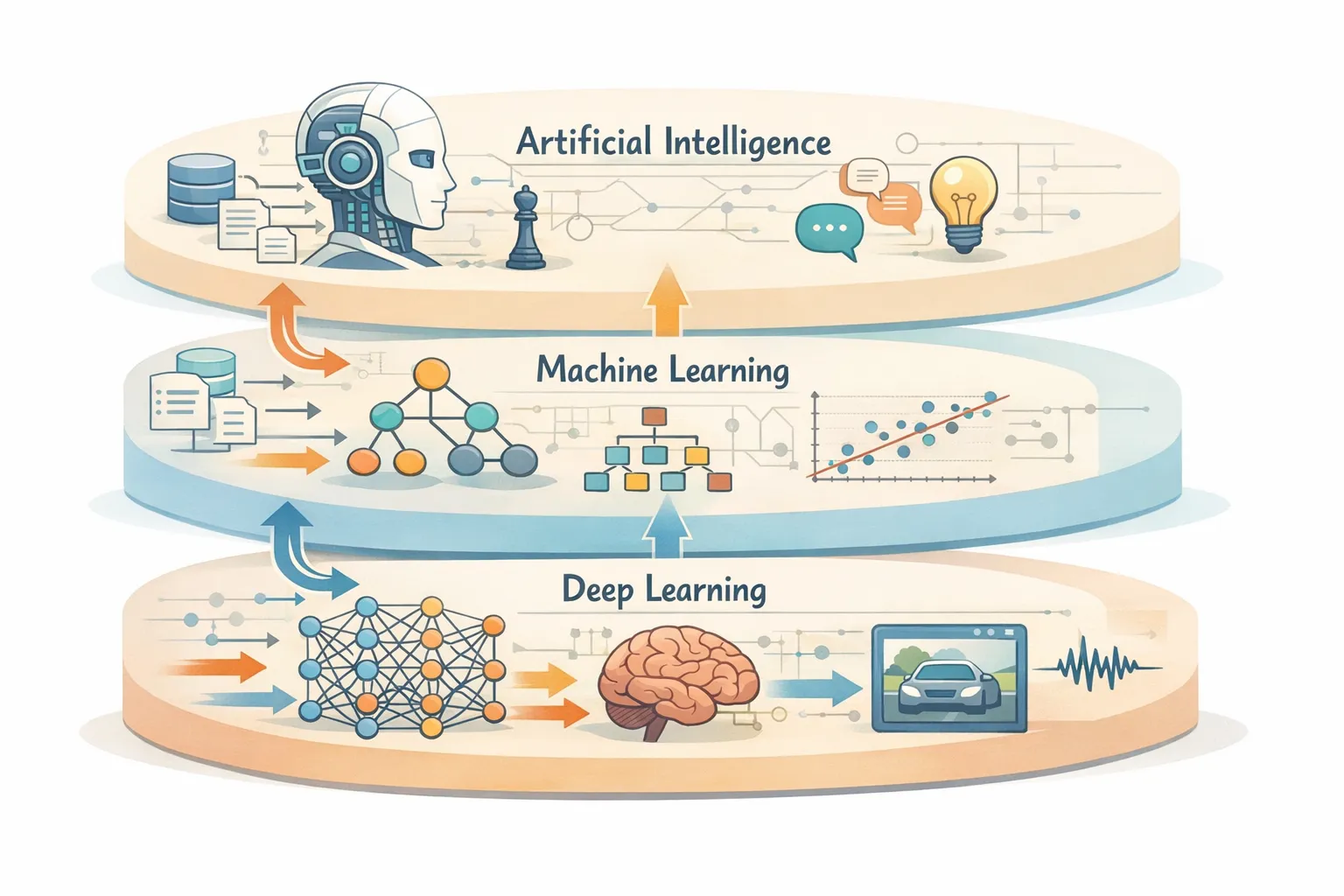인공지능과 머신러닝 딥러닝의 포함 관계를 설명하는 AI 일러스트 이미지