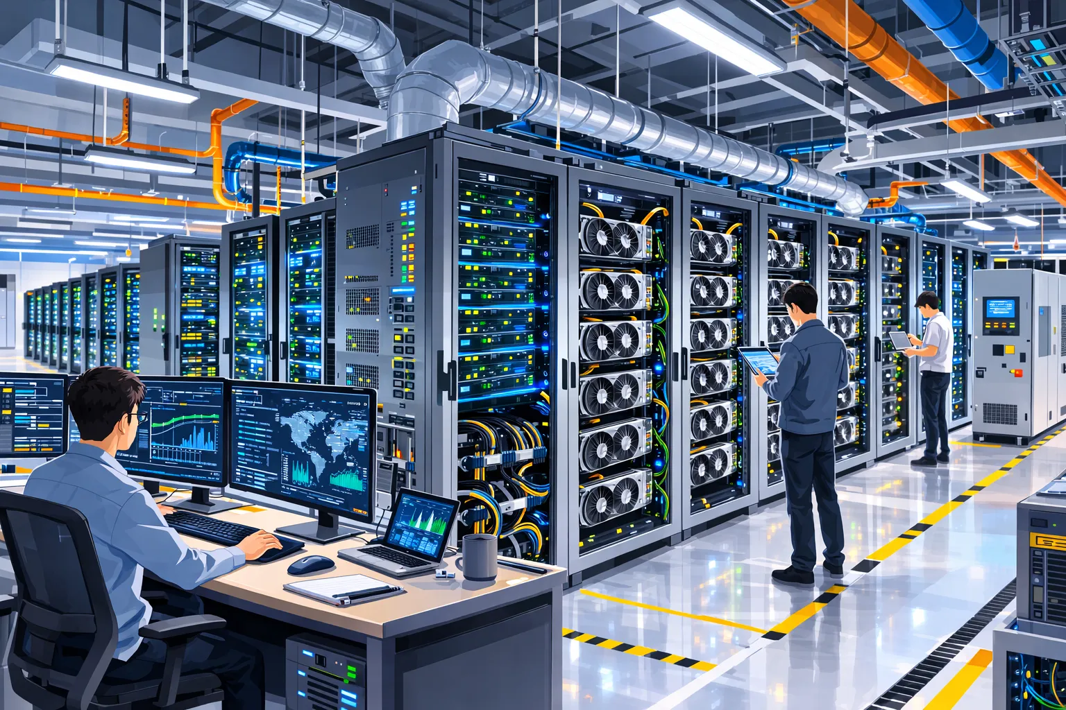 AI 데이터센터 내부에서 서버 랙과 냉각 설비를 점검하는 기술자 모습 일러스트, AI 생성