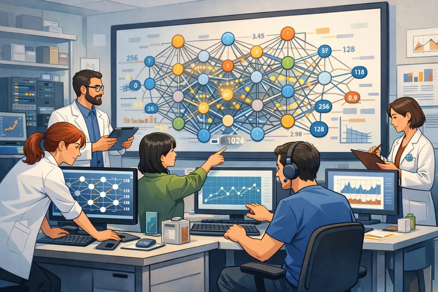 인공지능 신경망 모델을 연구실에서 분석하는 연구자들을 표현한 AI 일러스트