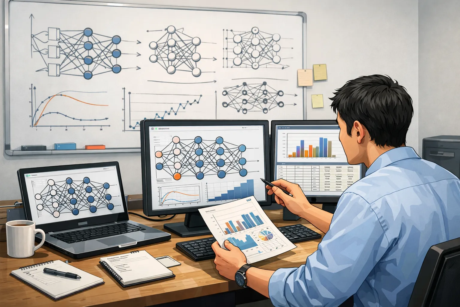 AI 연구자가 신경망 파라미터 구조를 분석하는 장면을 그린 AI 일러스트