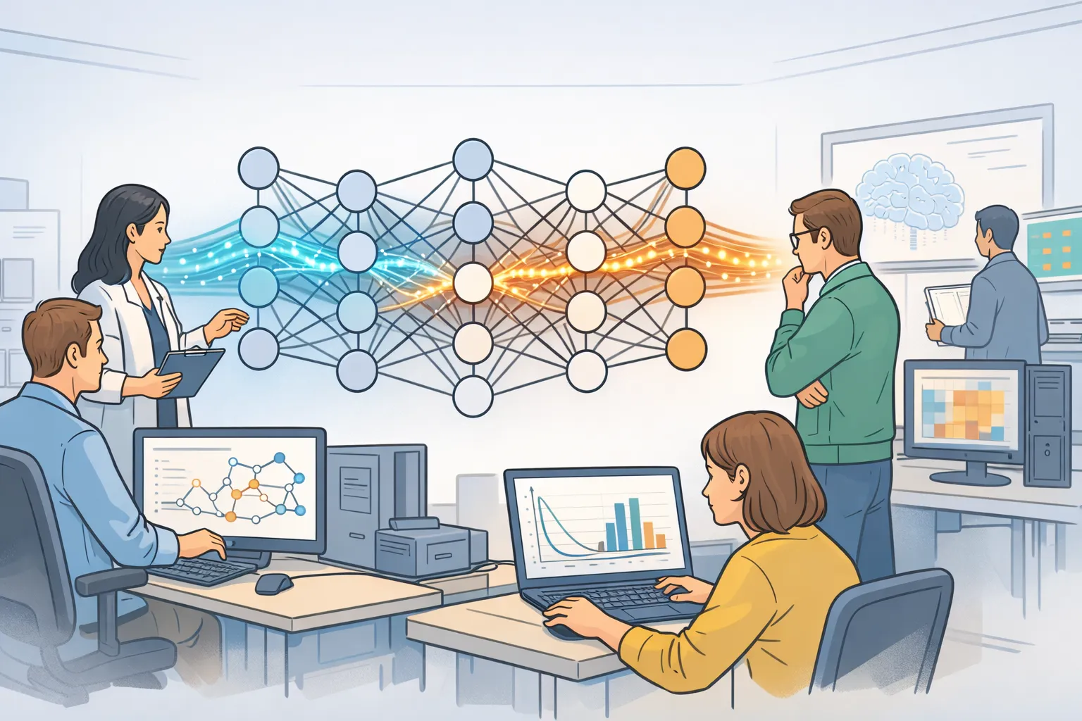 AI 신경망 구조를 연구자가 분석하는 장면을 표현한 AI 일러스트