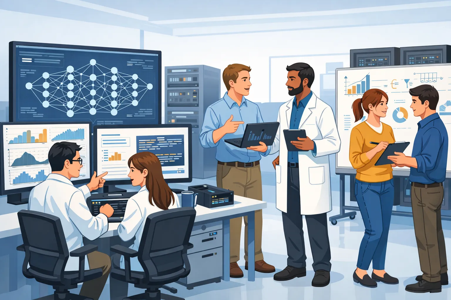 AI 연구자들이 컴퓨터 화면에 표시된 신경망 구조와 데이터 패턴을 분석하는 장면을 그린 AI 일러스트