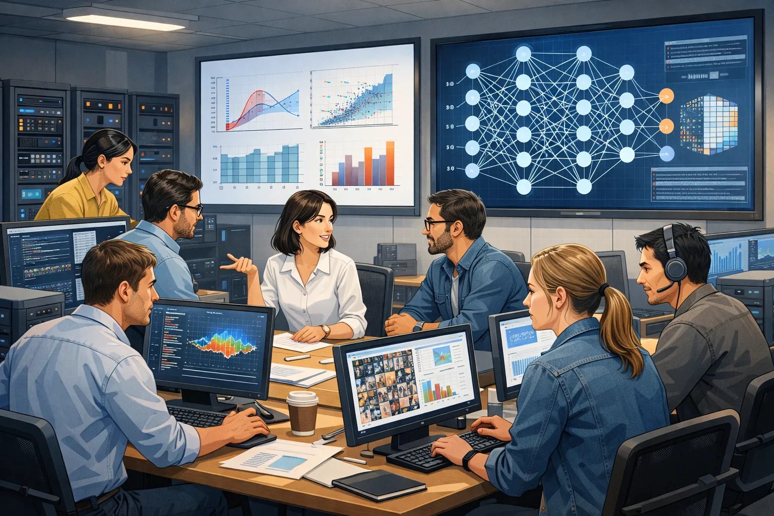 사무실에서 데이터 과학자들이 그래프와 신경망 도식을 보며 인공지능 모델을 학습시키는 모습을 그린 AI 일러스트