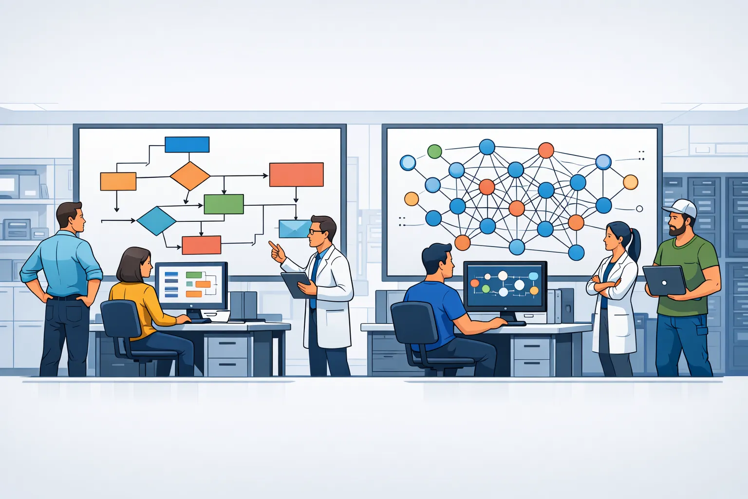 규칙 기반 프로그램과 데이터 학습 기반 AI 모델의 구조적 차이를 표현한 AI 일러스트