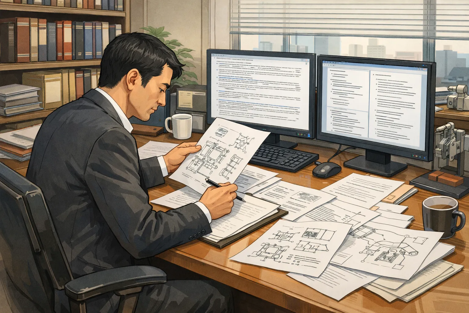 특허 문서를 검토하는 변리사의 작업 장면을 그린 일러스트, AI 생성 이미지