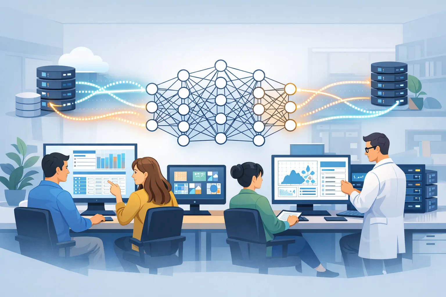 데이터를 분석하며 인공지능 학습 과정을 살펴보는 AI 일러스트