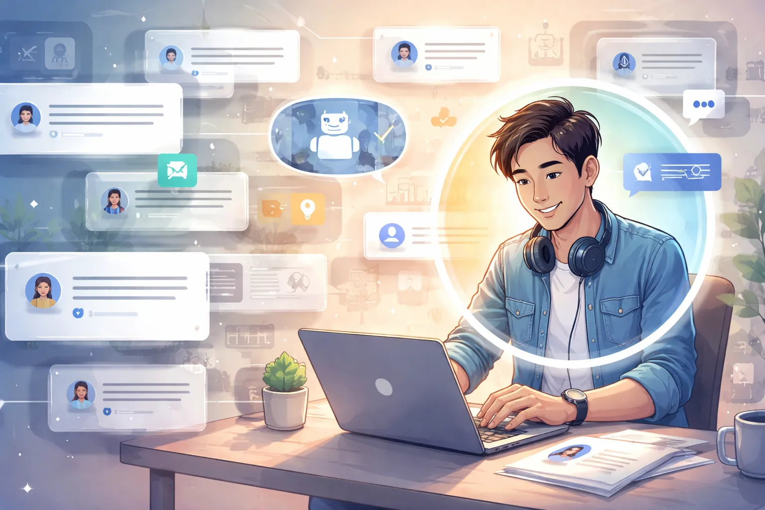 AI 도구와 콘텐츠 속에서 개인 정체성이 강조된 모습을 표현한 AI 일러스트