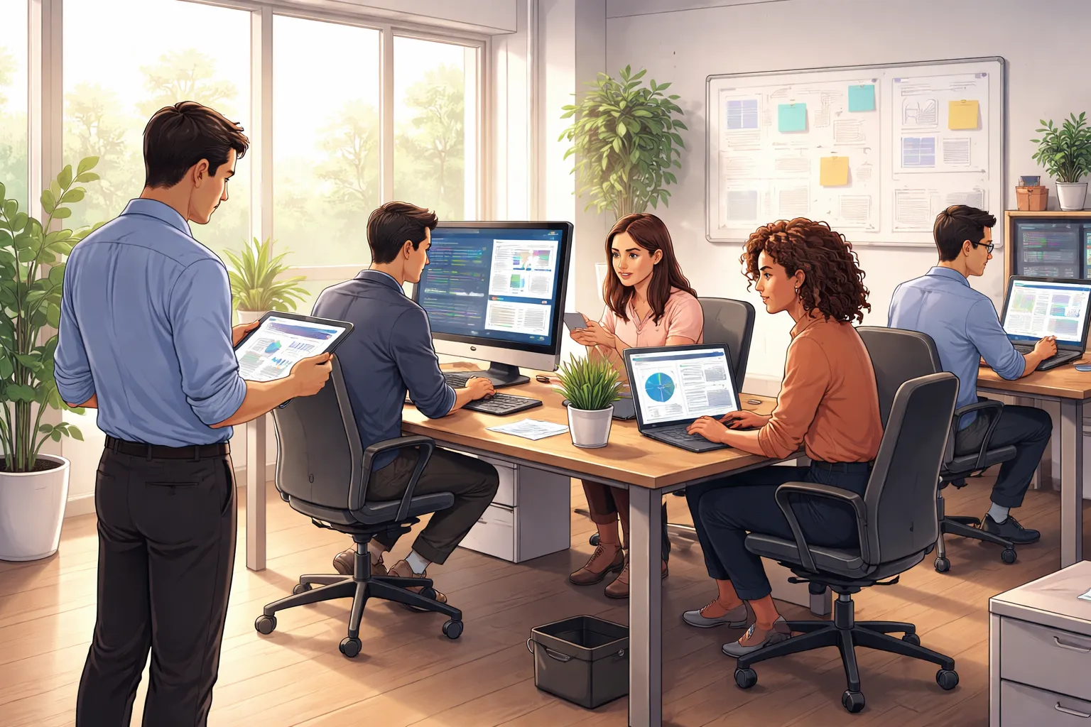 소규모 사무실에서 인공지능 도구를 활용해 협업하는 팀의 모습을 그린 AI 일러스트