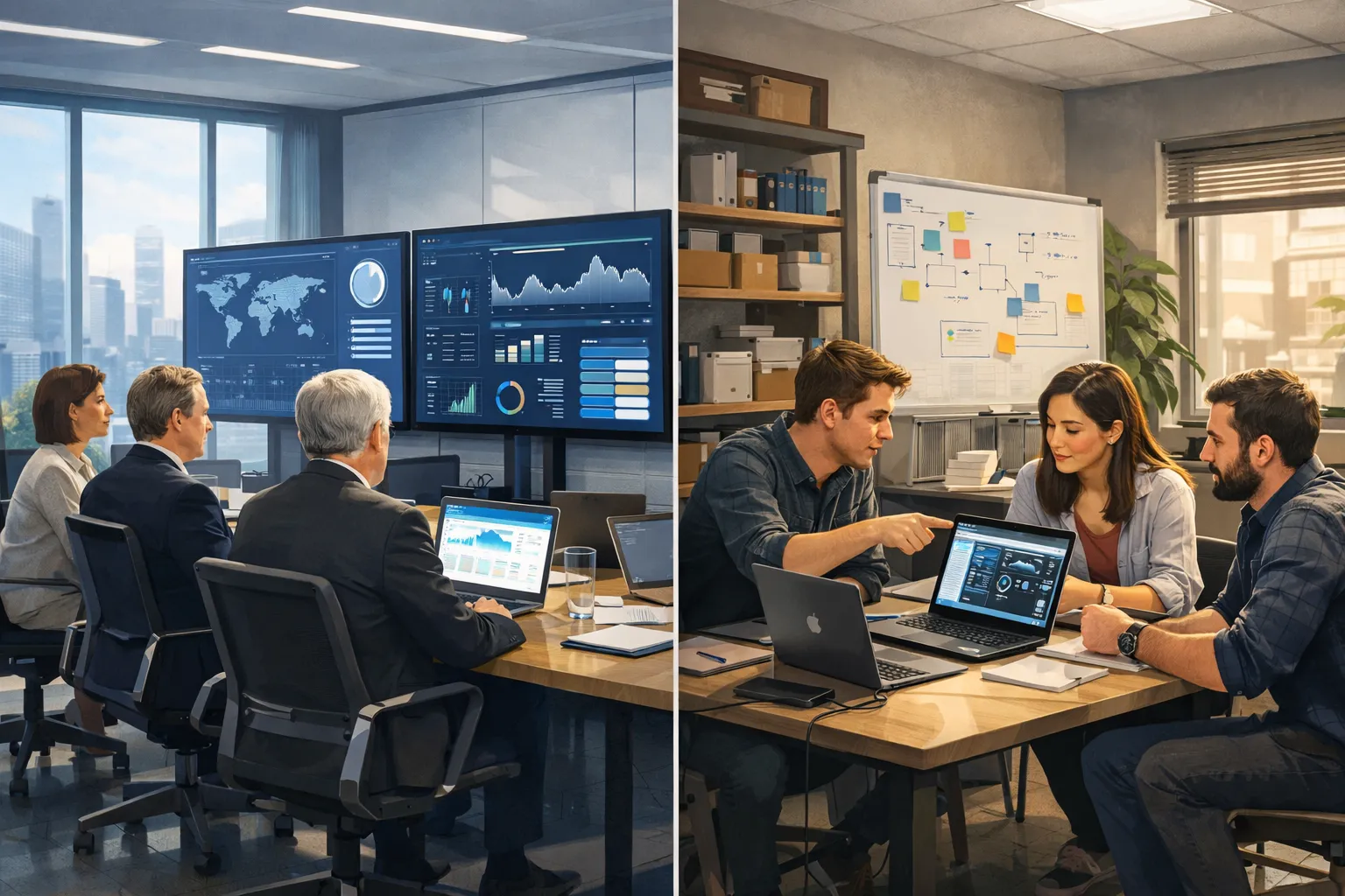 대기업 임원과 스타트업 개발자가 서로 다른 사무공간에서 AI 소프트웨어 전략을 논의하는 모습을 담은 가로형 AI 일러스트