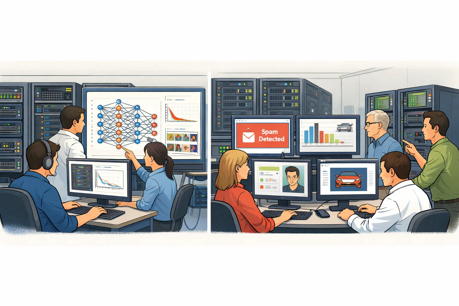 엔지니어들이 컴퓨터와 서버 시스템을 활용해 인공지능의 학습과 추론 과정을 다루는 모습을 담은 AI 일러스트