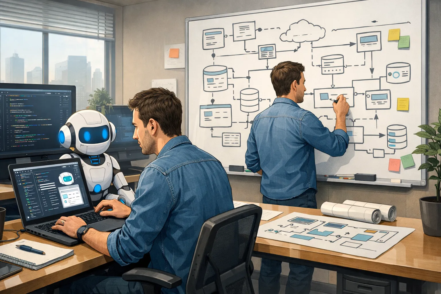 AI 코드 생성 도구를 검토하며 시스템 구조를 설계하는 개발자를 표현한 AI 일러스트