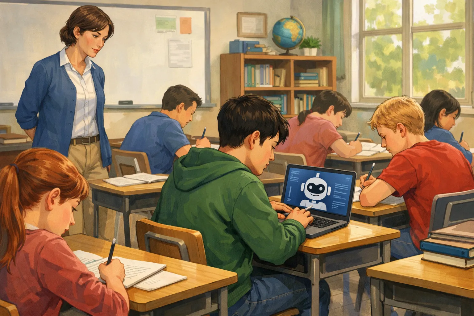 교실에서 학생들이 글쓰기 과제를 수행하는 가운데 한 학생이 노트북으로 AI를 사용하는 모습을 그린 AI 일러스트