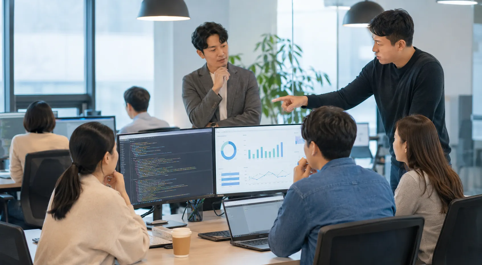 AI 코딩 도구 사용량과 생산성 지표를 분석하는 소프트웨어 개발 조직을 표현한 AI 이미지. 실제와 관련 없음.