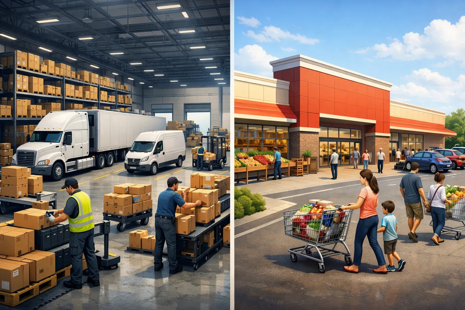 온라인 물류창고와 대형 마트 매장을 대비해 표현한 AI 일러스트 이미지
