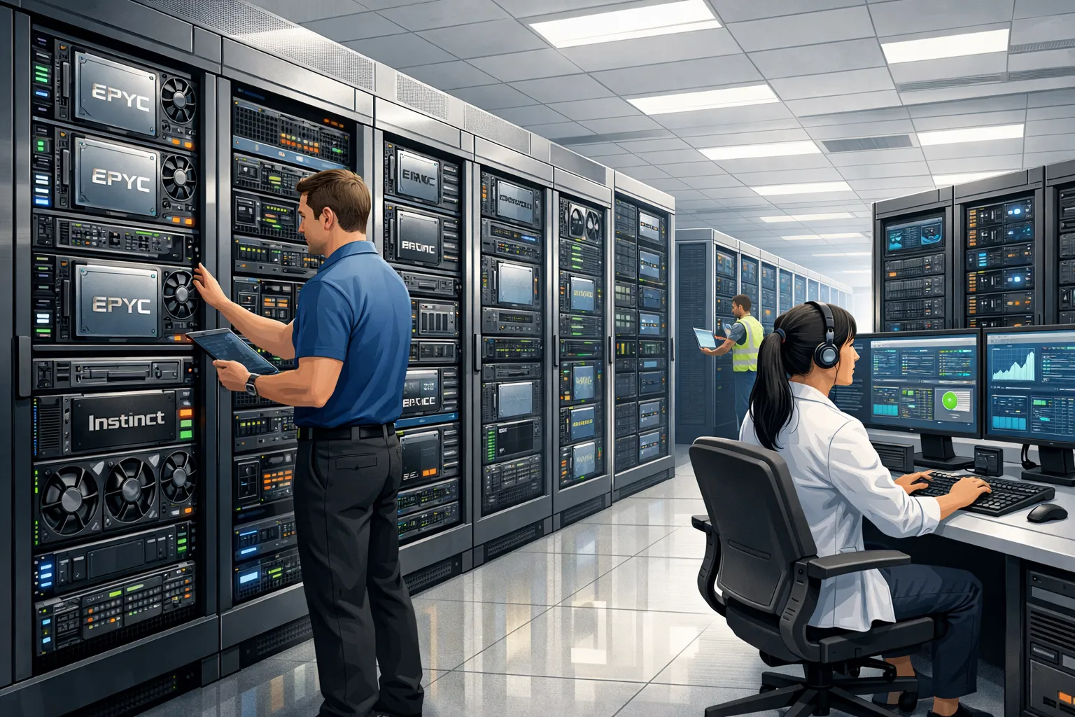 데이터센터 내부에서 서버를 관리하는 엔지니어와 고성능 서버 AI 일러스트