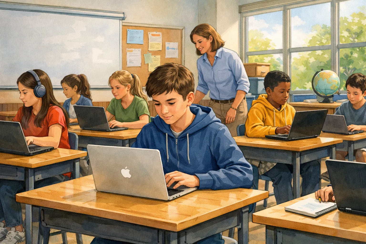 교실에서 학생들이 다양한 노트북을 사용하는 장면을 그린 일러스트레이션, 한 학생이 맥북 형태의 노트북을 사용하는 것을 표현한 AI 일러스트 이미지